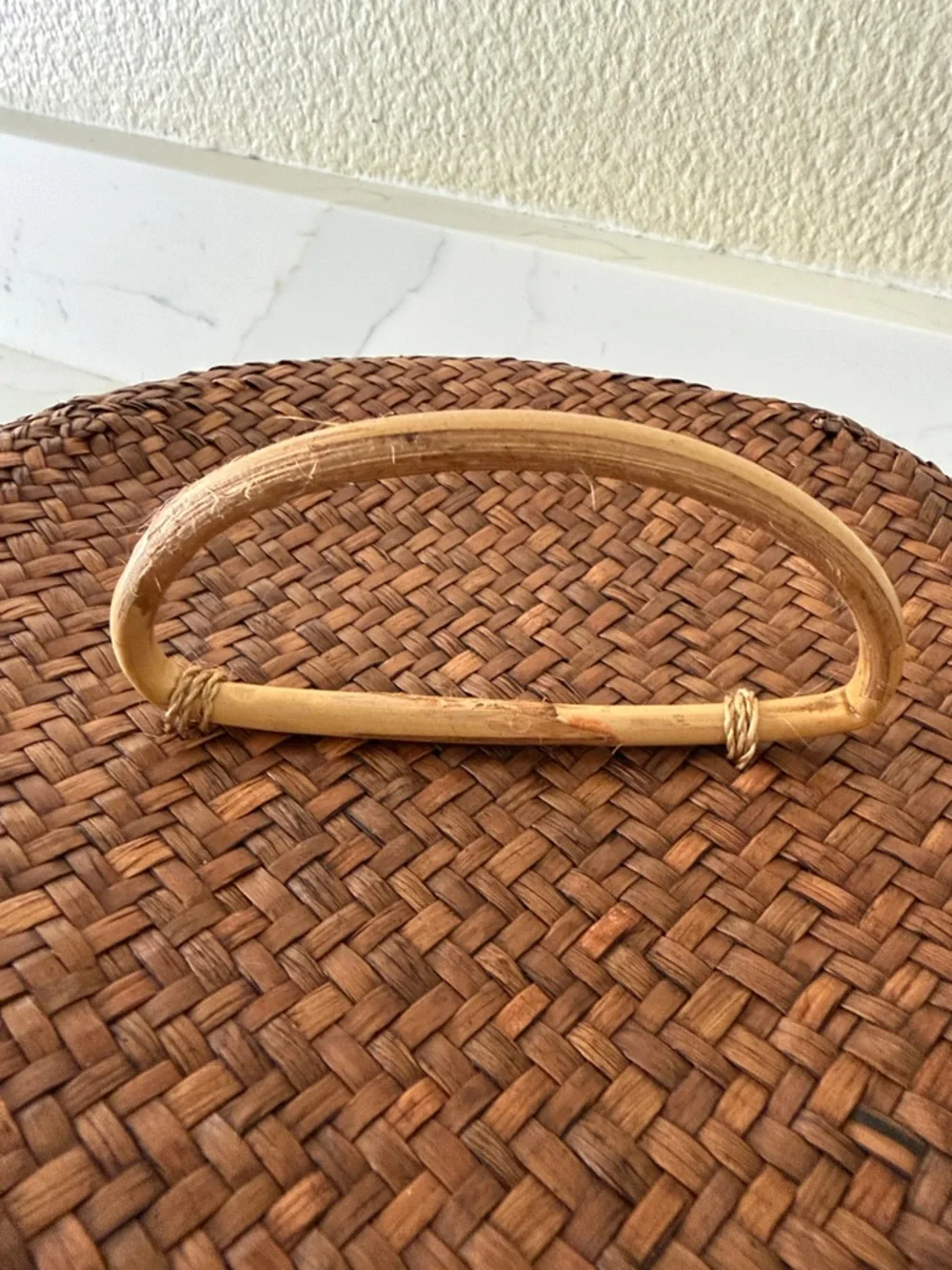 Vintage Woven Basket with Lid Bamboo Handle
